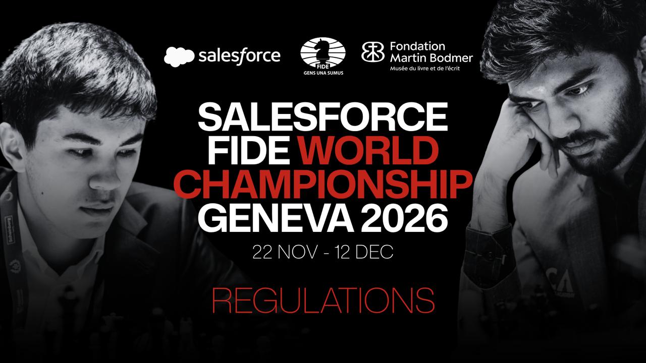 Javokhir Sindarov y Gukesh en la imagen oficial del Campeonato del Mundo de 2026 en Ginebra